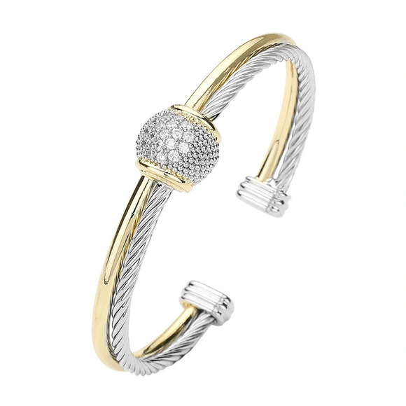Two Tone Pave Ball Cuff Bracelet - Picture 1 of 3